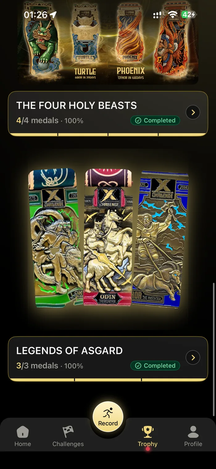 Collection progress for the Four Holy Beasts and Legends of Asgard, both complete