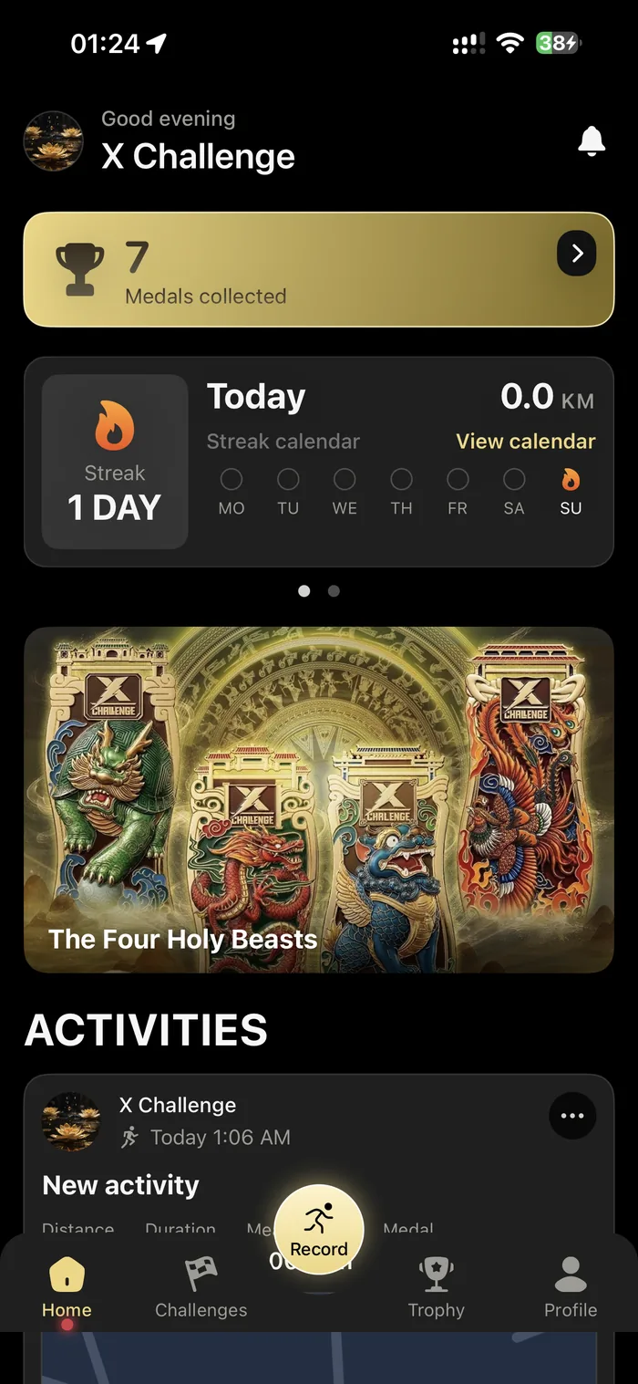 The Home tab: medals collected, streak, active challenge and recent activities