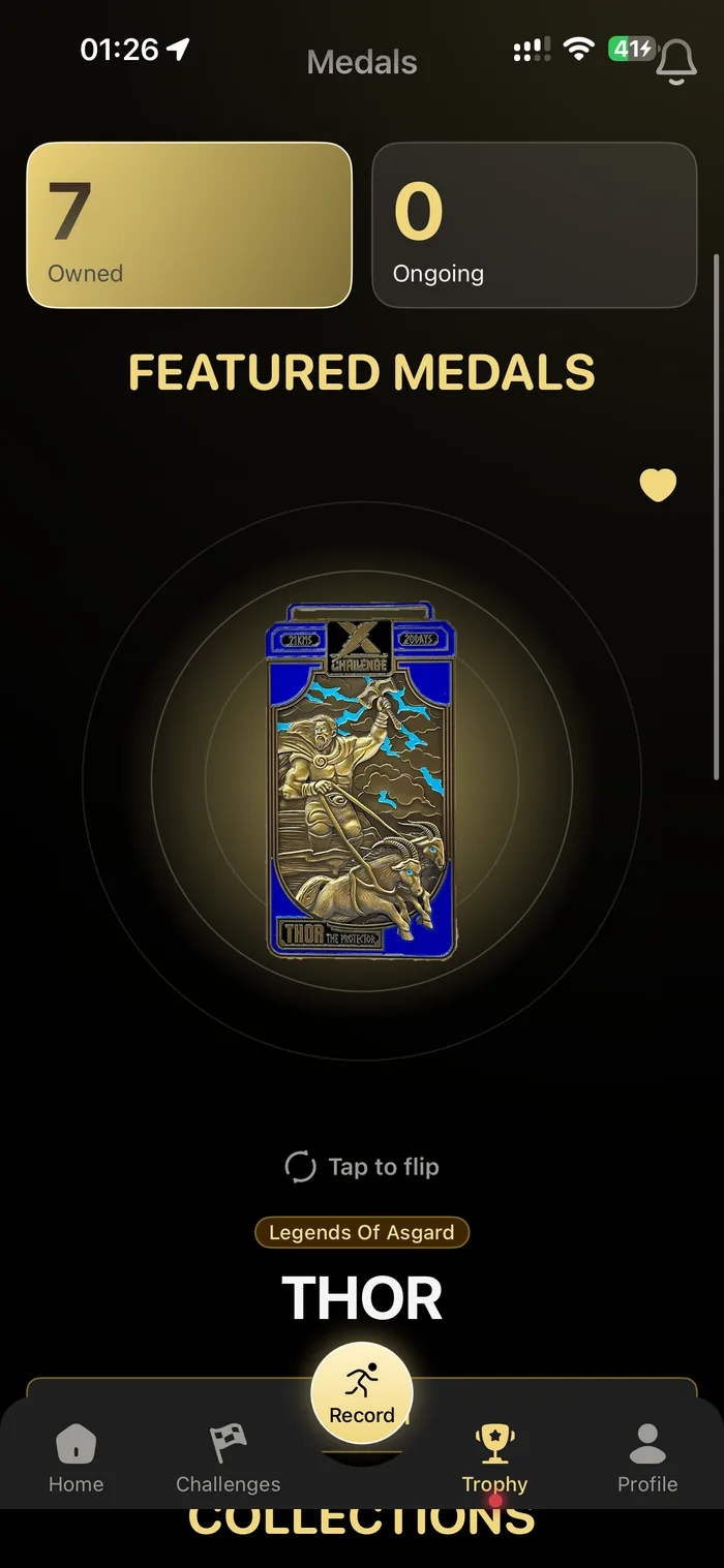 The Trophy tab of the X Challenge app, showing an earned Thor medal in three dimensions