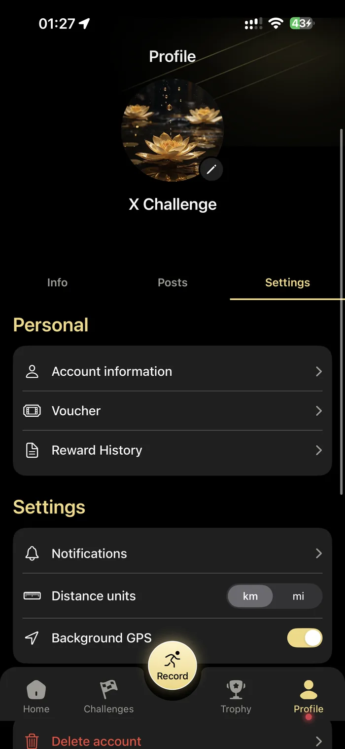 The Profile settings: account information, vouchers, reward history, notifications, distance units and background GPS