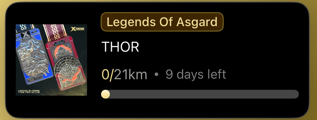 The X Challenge app showing an active challenge: Thor, from the Legends of Asgard collection, with distance covered against the 21 km target, the days remaining, and a progress bar