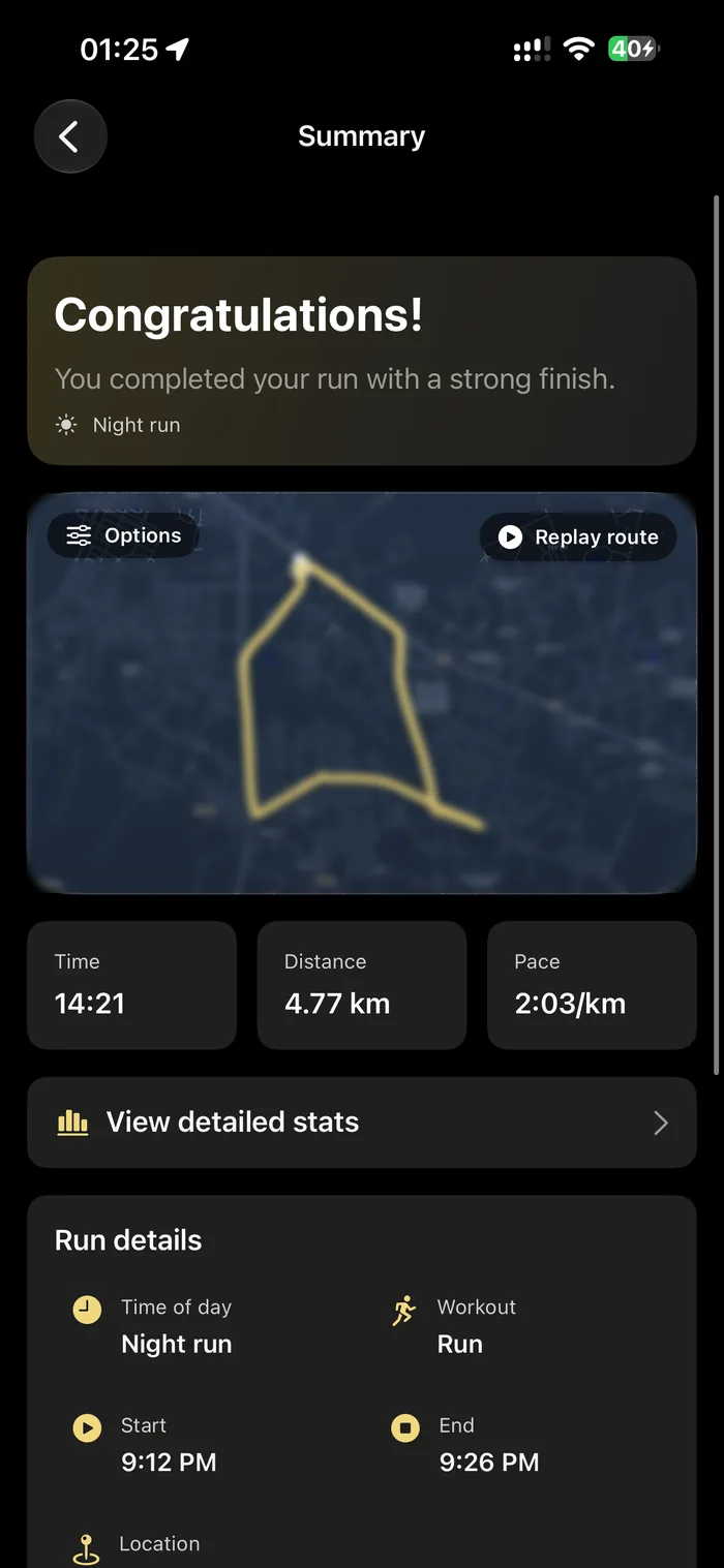 The run summary: a congratulations card, the route on a map, and time, distance and pace