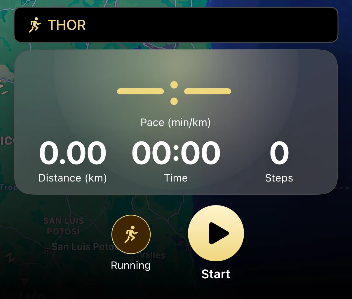 The X Challenge app tracking a run: the Thor challenge named at the top, with live pace, distance, time and step readouts above the start control