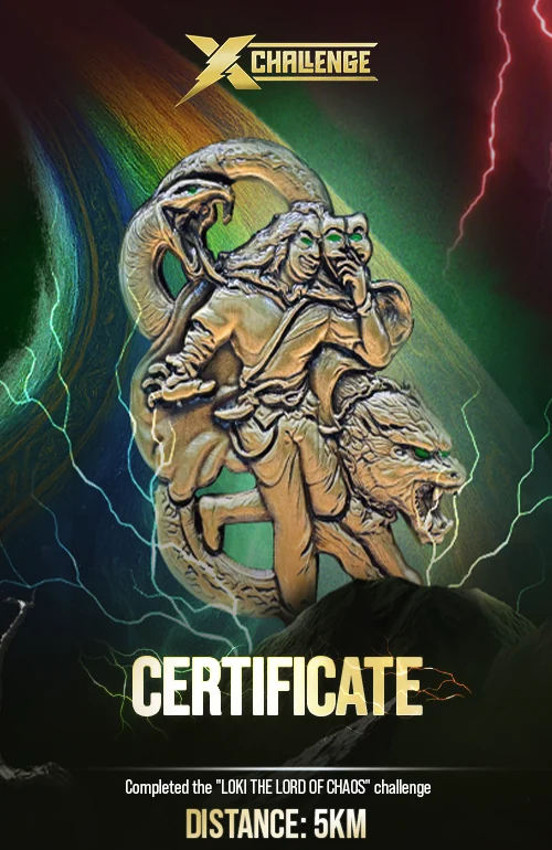 The Loki finisher certificate, themed to the Loki medal, marking the 5 km challenge
