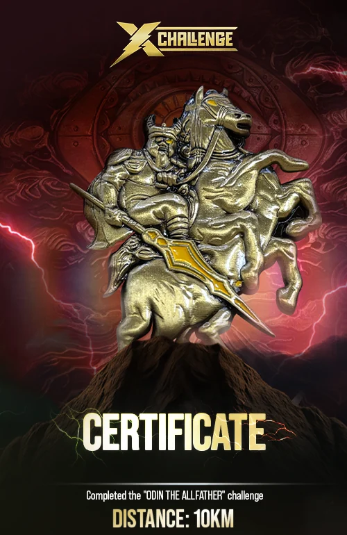 The Odin finisher certificate, themed to the Odin medal, marking the 10 km challenge