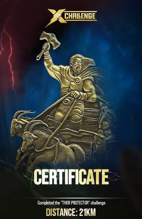 The Thor finisher certificate, themed to the Thor medal, marking the 21 km challenge