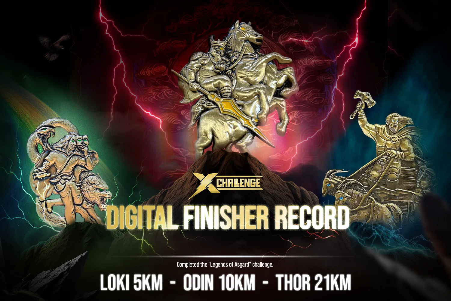 The Legends of Asgard Digital Finisher Record, showing the Loki, Odin and Thor medals together above the line Loki 5km, Odin 10km, Thor 21km